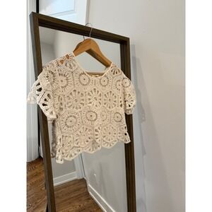 Rebellion Again Womens Cream Floral Boho Medallion Crochet Cotton Crop Top M